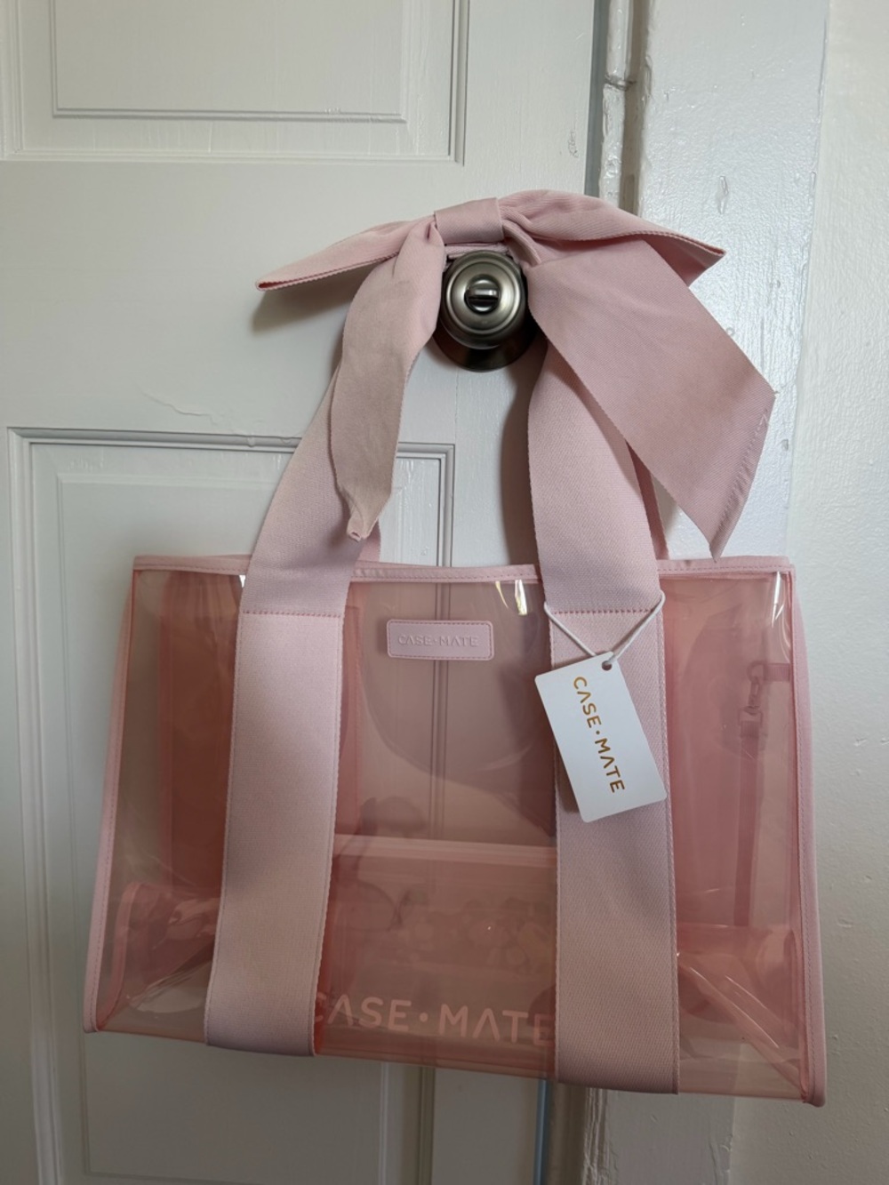 case-mate Pink Clear Tote with Bow and Fabric Straps